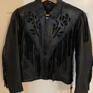 Vintage Barney's Leather Fringe Rose Embroidered Back Genuine Leather Jacket